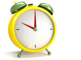 Closeup view of colorful alarm clock on white background. 3D rendering