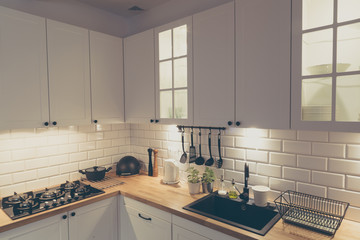 Interior of the home kitchen. Kitchen with loft style and photo filtered in instagram style.