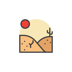 Desert landscape filled outline icon, line vector sign, linear colorful pictogram isolated on white. Dry desert under sun symbol, logo illustration. Pixel perfect vector graphics