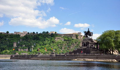 Koblenz City Germany historic monument German Corner where the rivers rhine and mosele flow together on a sunny day