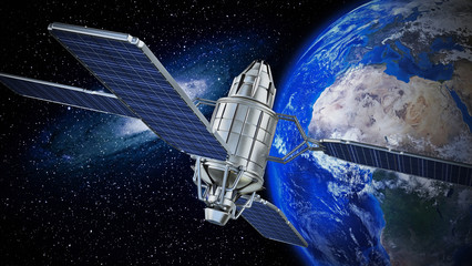 Communication satellite orbiting earth. 3D illustration - obrazy, fototapety, plakaty
