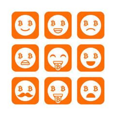 Bitcoin emoji, emoticons or smile. Emotional icons and signs isolated. Vector