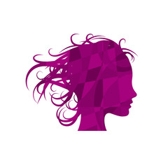 Beauty hair, girl in the wind. Abstract geometric vector sign on puzzle in purple