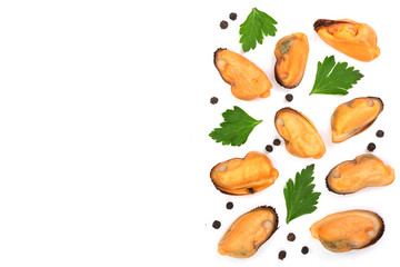 mussels with parsley and peppercorns isolated on white background with copy space for your text. Top view. Flat lay