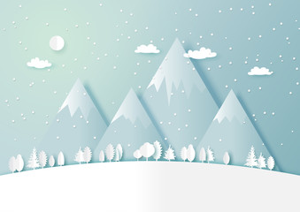 Snow and winter season abstract background with forest nature landscape scene for merry Christmas and happy new year paper art style.Vector illustration.