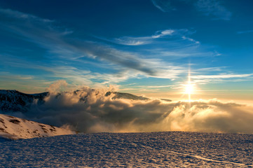 Winter mountain landscape with fog