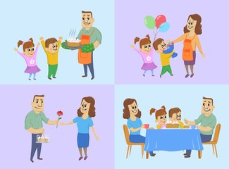 March 8, international women's day concept. Happy husband and children prepare a cake, give gifts to mom and have dinner with the whole family at the holiday table. Vector illustration.