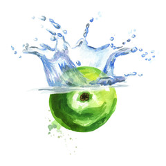 Fresh green apple falling into water isolated on white background