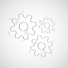 Contour cogwheel mechanism symbols in sketched style with motion accents. Hand drawn black line vector illustration symbolizes connection and support. Applies to web design and brochure.