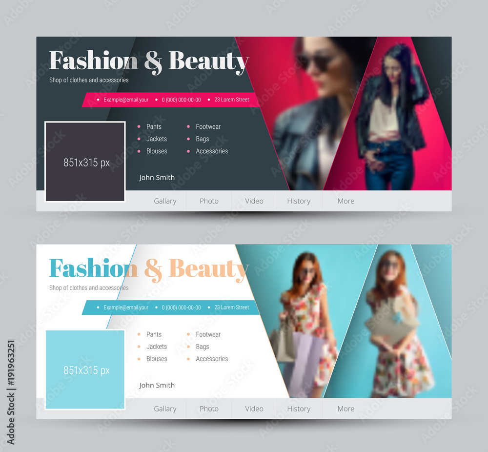 Poster Set of vector covers for social networks with intersecting triangles and photos.
