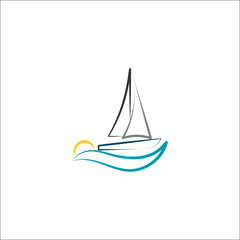 Yacht logo vector illustration with  water wave on the background, travel agency concept