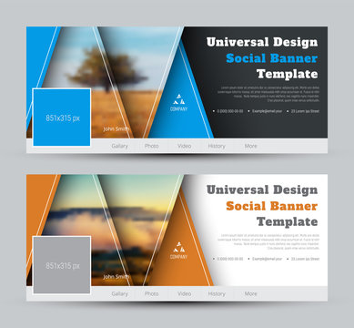 Modern Design vector black and white banners for social networks with triangles and a place for photo and text.