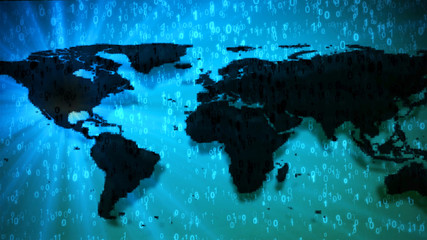 World map on blue digits 0 and 1 binary code. Dark continents with shadows and light flare right to left behind. Concept of informatization and the digital world, lens flare focus on America and USA.