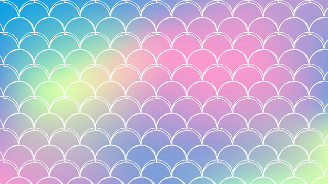 Mermaid tale on trendy gradient background. Horizontal backdrop with mermaid tale ornament. Bright color transitions. Fish scale banner and invitation. Underwater sea pattern. Rainbow colors.