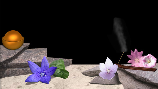 verschiedene Blumen, Räucherstäbchen, Bimsstein und eine Schüssel mit goldenem Ball auf Sandstrand vor schwarzem Hintergrund. 3d render