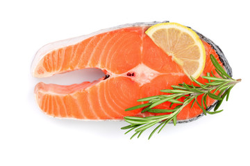 Slice of red fish salmon with lemon and rosemary isolated on white background. Top view. Flat lay