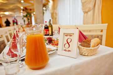 One of the wedding decorated tables with number on it.