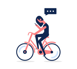 Vector character design of young woman riding bicycles and holding smart phone. Side view. Flat concept illustration of people addiction to networks and spending time in internet.