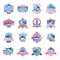 Fishing logo vector fishery logotype with fisherman in boat and emblem with fished fish for fishingclub illustration set isolated on white background
