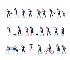 People walking with gadgets. Side view. Flat vector set of different people addiction to networks and spending time in internet. 