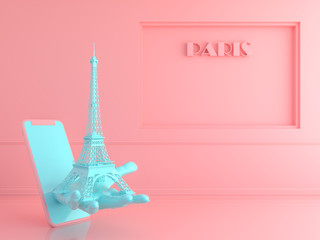 Pastel  eiffel tower with smartphone .Love travel Paris concept.3d render