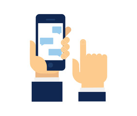 Human hand holds smart phone with messenger app. 