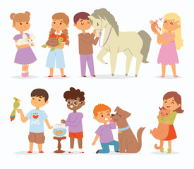 Toddler cartoon vector kids characters petting little pet in and cute kind child hold hug home pets animals lovely friends like horse pony, cat, dog, bird in the zoo pets friendship illustration