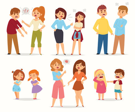 Quarrel conflict stress couples character vector people with arguing quarrel screaming people in different situations in flat style and illustration.