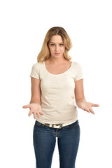 Obraz premium 3/4 portrait of blonde girl wearing white shirt. isolated on white background.