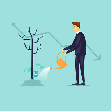 Crisis businessman watering a tree without money. Flat design vector illustration.
