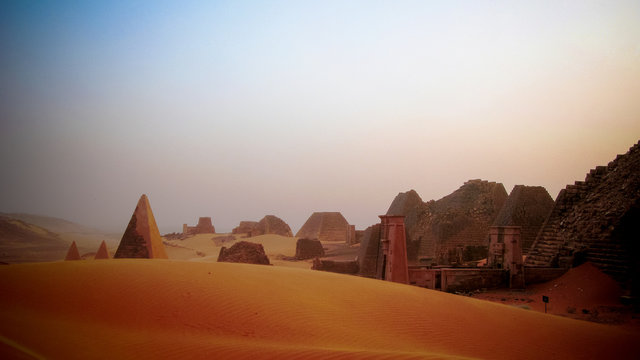 sunset Landscape of Meroe pyramids in the desert, Sudan
