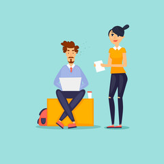 Business characters. Co working people, meeting, teamwork, collaboration and discussion, conference table, brainstorm. Workplace. Office life. Flat design vector illustration.