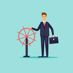 Businessman is holding the Steering Wheel. Flat design vector illustration.