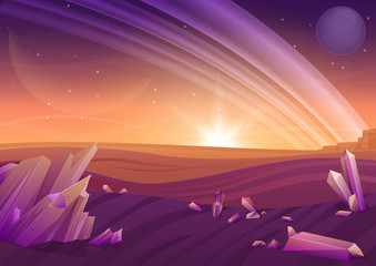 Fototapeta premium Fantasy alien landscape, another planet nature with rocks in fiels and planets in sky. Game design vector galaxy space background.