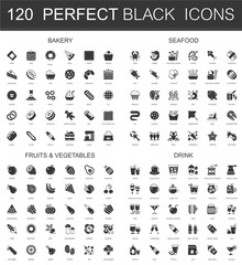 Bakery, seafood, fruits and vegetables, drinks black classic icon set.