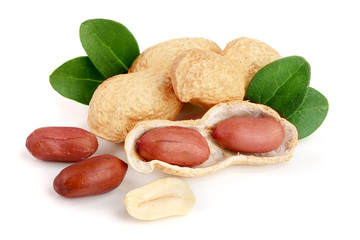 peanuts with leaf isolated on white background