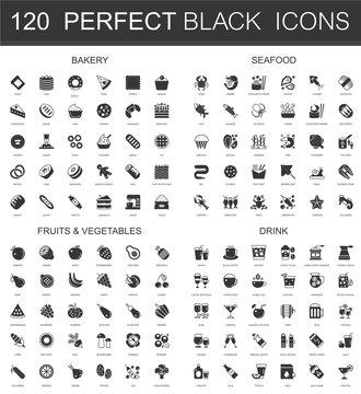 Bakery, seafood, fruits and vegetables, drinks black classic icon set.