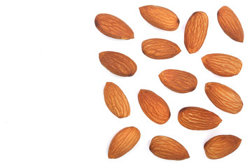 almonds isolated on white background with copy space for your text. Top view. Flat lay pattern