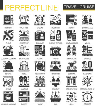 Travel cruise vacation black mini concept icons and infographic symbols set
