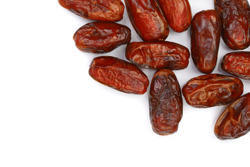 dry dates isolated on white background with copy space for your text. Top view. Flat lay pattern