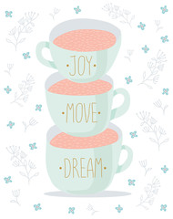 A set of cups with inscriptions, floral decoration, for postcards on the holiday. Motivation Lettering	