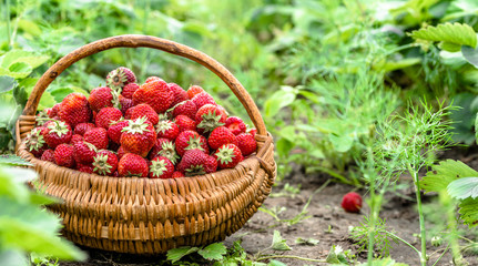 Fresh farm strawberries in field, strawberry basket, eco food concept