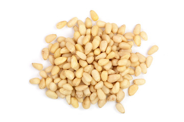 Shelled cedar pine nuts isolated on white background. top view