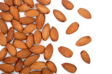 almonds isolated on white background. Top view. Flat lay