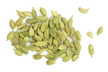 Green cardamom seeds isolated on white background. Top view. lay flat