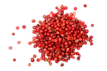 pink peppercorns seeds isolated on white background. Top view. Flat lay