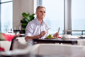 Fototapeta na wymiar Healthy breakfast. Thoughtful appealing mature man eating breakfast while looking straight and coming up with ideas