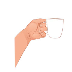 The hand holding the mug. Vector illustration isolated on white background.