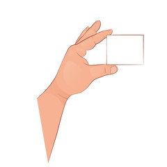 The hand holds an empty card. Vector illustration isolated on white background.