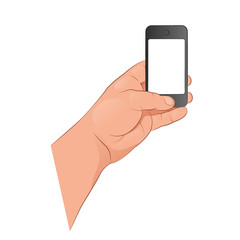 The hand holds a smartphone. Vector illustration isolated on white background.